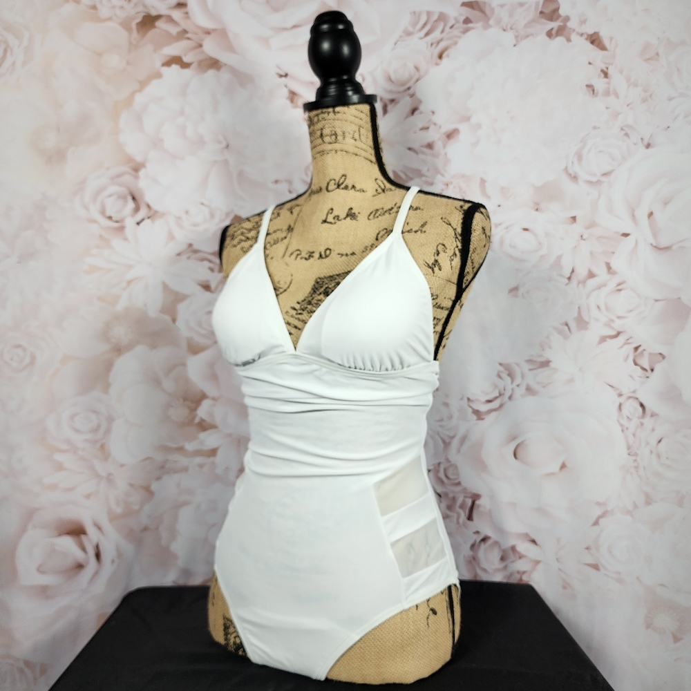 White Retro V-Neck One Piece Bathing Suit - Picture 2 of 10
